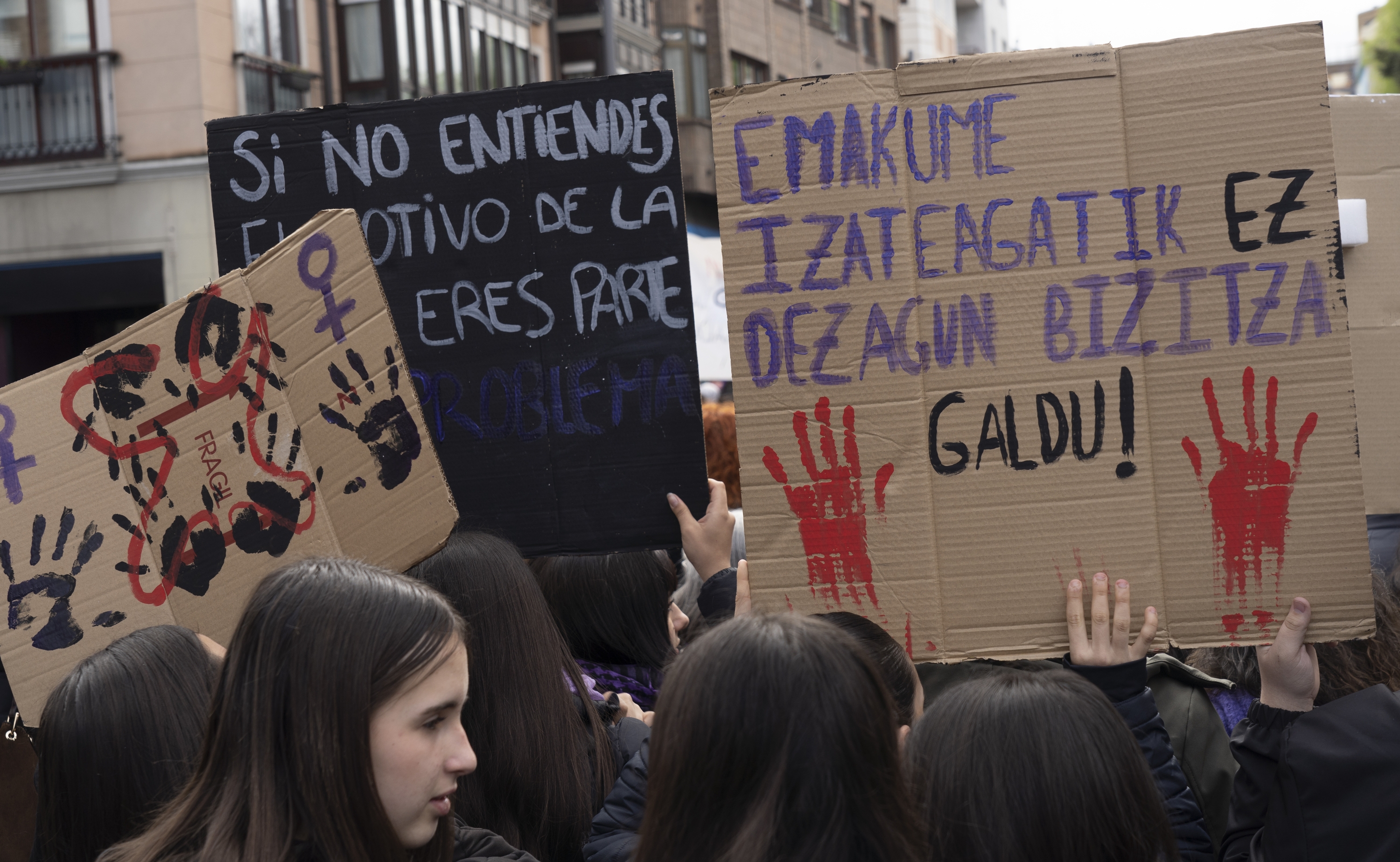 Indarkeria matxistaren aurkako aldarriak, mugimendu feministak martxoaren 8an Gasteizen egindako manifestazioan. ENDIKA PORTILLO / FOKU