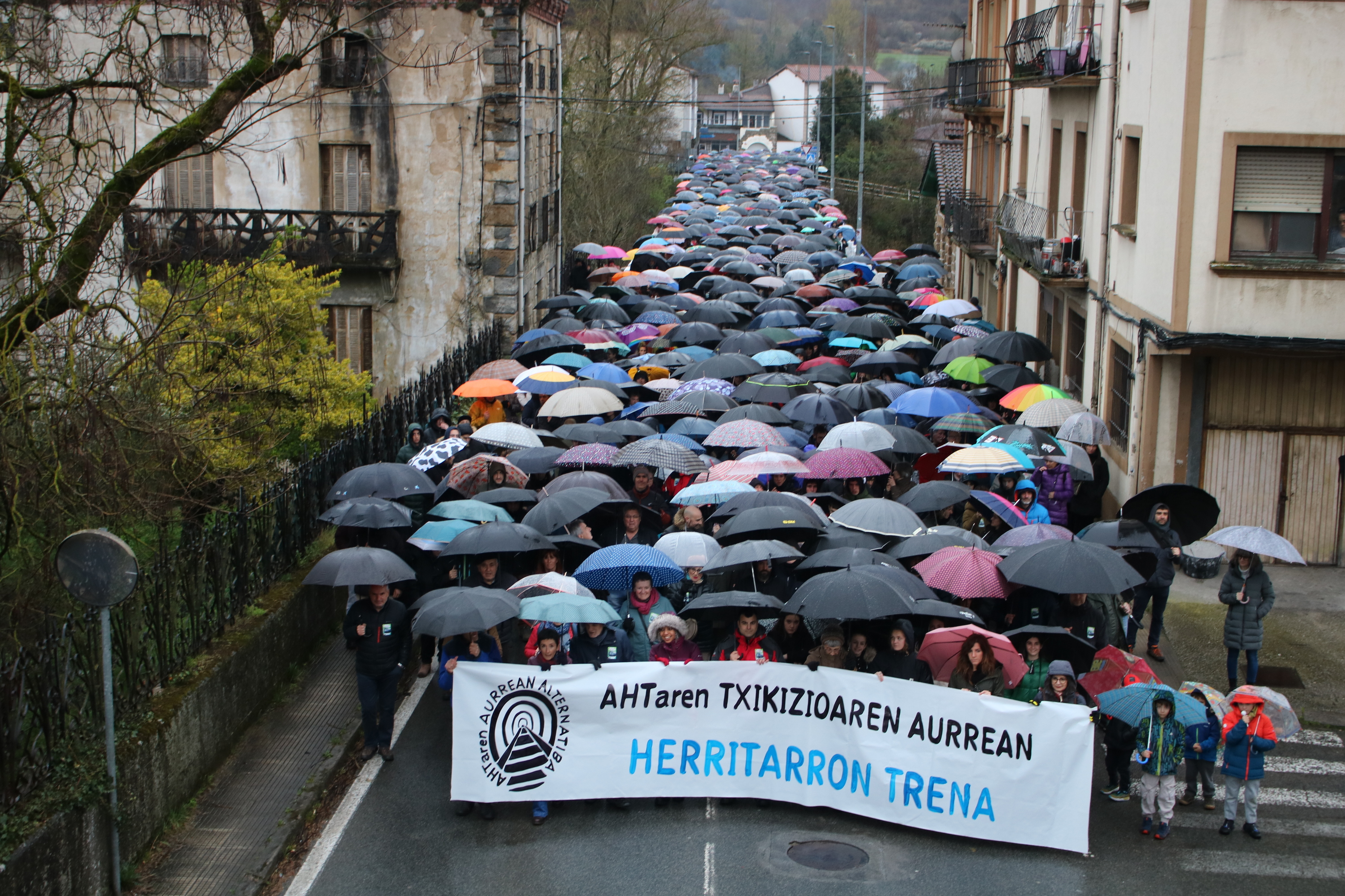 Manifestazioaren burua, eta jende andana atzean, gaur, Altsasun. FOKU