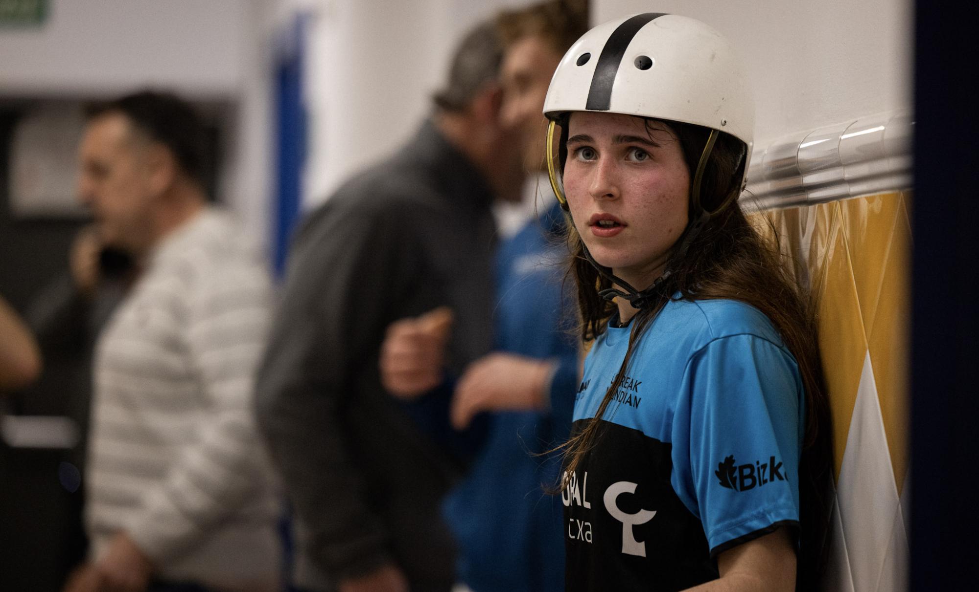   Frida Watkins puntista Winter Series txapelketako partida batean, Durangon. ERAMAN JAI ALAI ENPRESAK UTZITAKOA