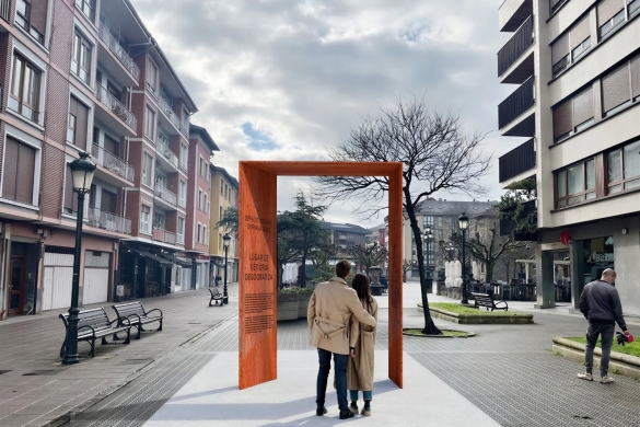 Gernika-Lumoko Udalak apirilaren 26an inauguratuko duen 'Bakerako atea' eskultura zelan geratuko den erakusten duen irudia. GERNIKA-LUMOKO UDALA