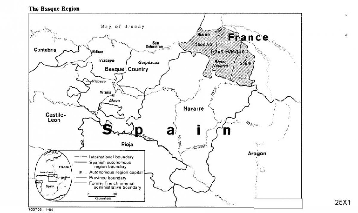 1984ko azaroko CIAren txosteneko detailea. Euskal Herriko mapa erakusten du, irakurri behar zutenek, gertaerak kokatzeko. CIA