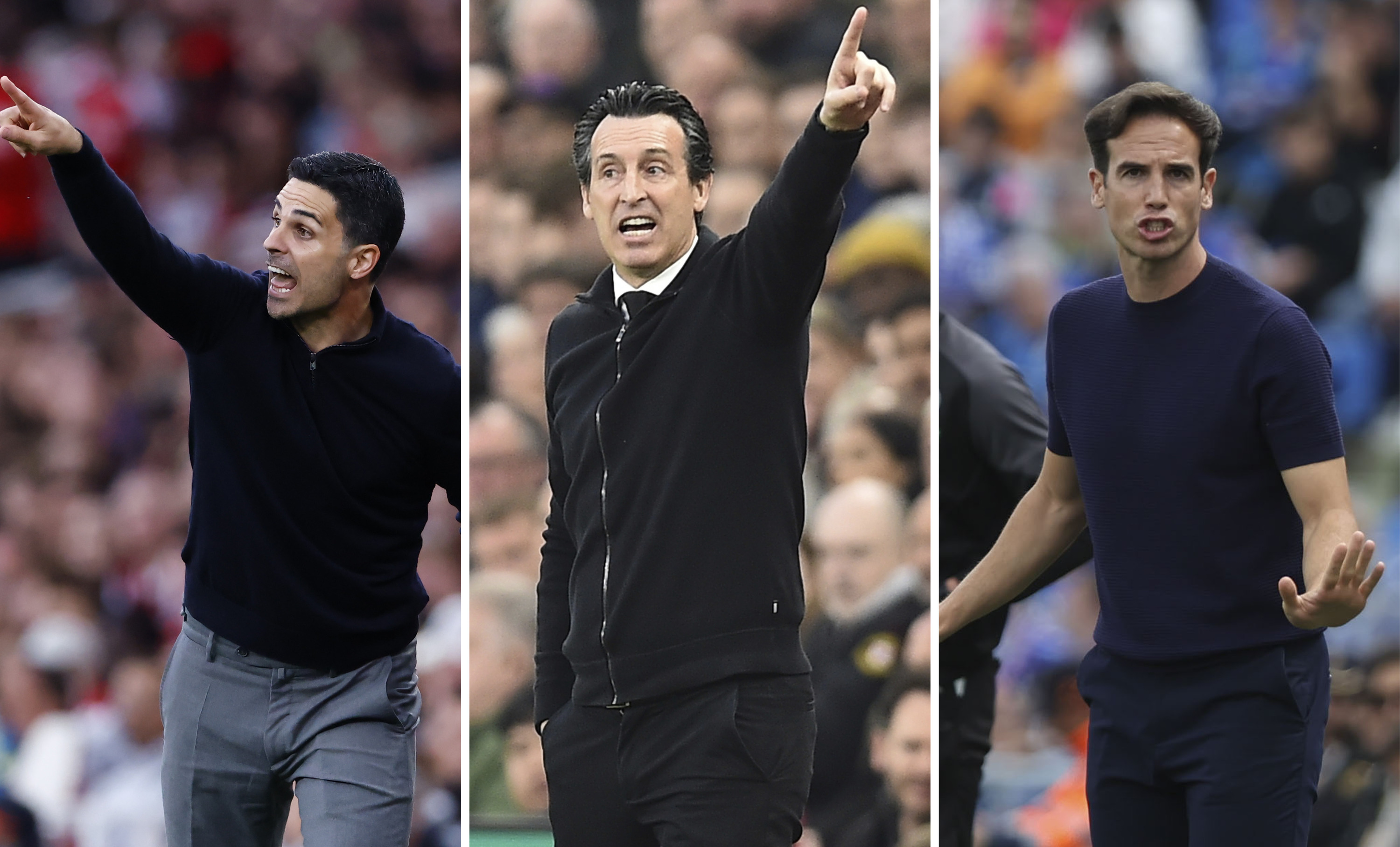 Mikel Arteta, Unai Emery eta Iñigo Perez entrenatzaileak. TOLGA AKMEN, PETER POWELL eta KIKO HUESCA / EFE 
