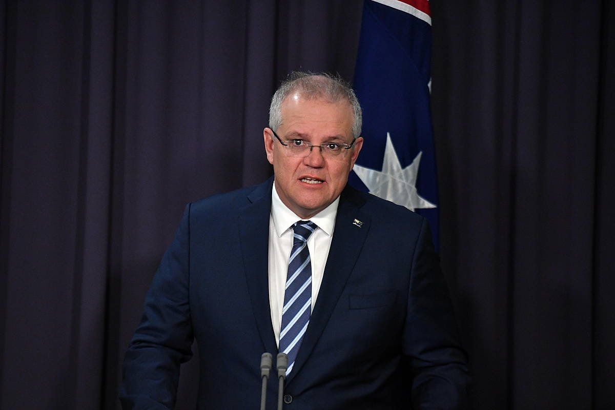 Scott Morrison Australiako lehen ministroa, gaur, zibererasoaren berri emateko prentsaurrekoan. MICK TSIKAS, EFE