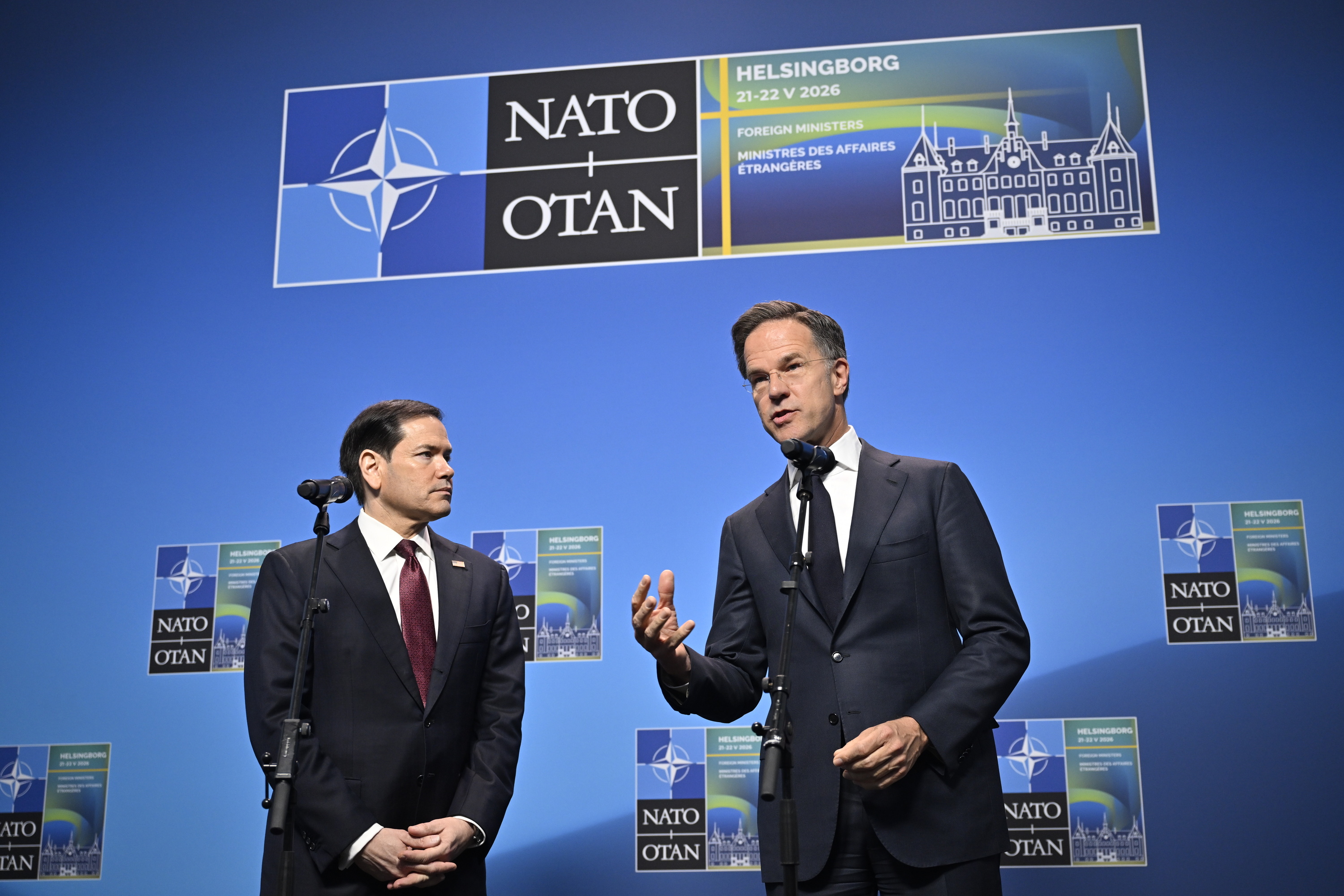 Marco Rubio AEBetako Estatu idazkaria eta Mark Rutte NATOko idazkari nagusia gaur, Helsingborgen (Suedia). JOHAN NILSSON / EFE