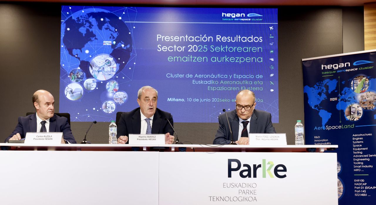 Ezkerretik, Carlos Alzola, Hipolito Suarez eta Martin Fernandez Loizaga, aeronautika alorreko emaitzak azaltzen. HEGAN