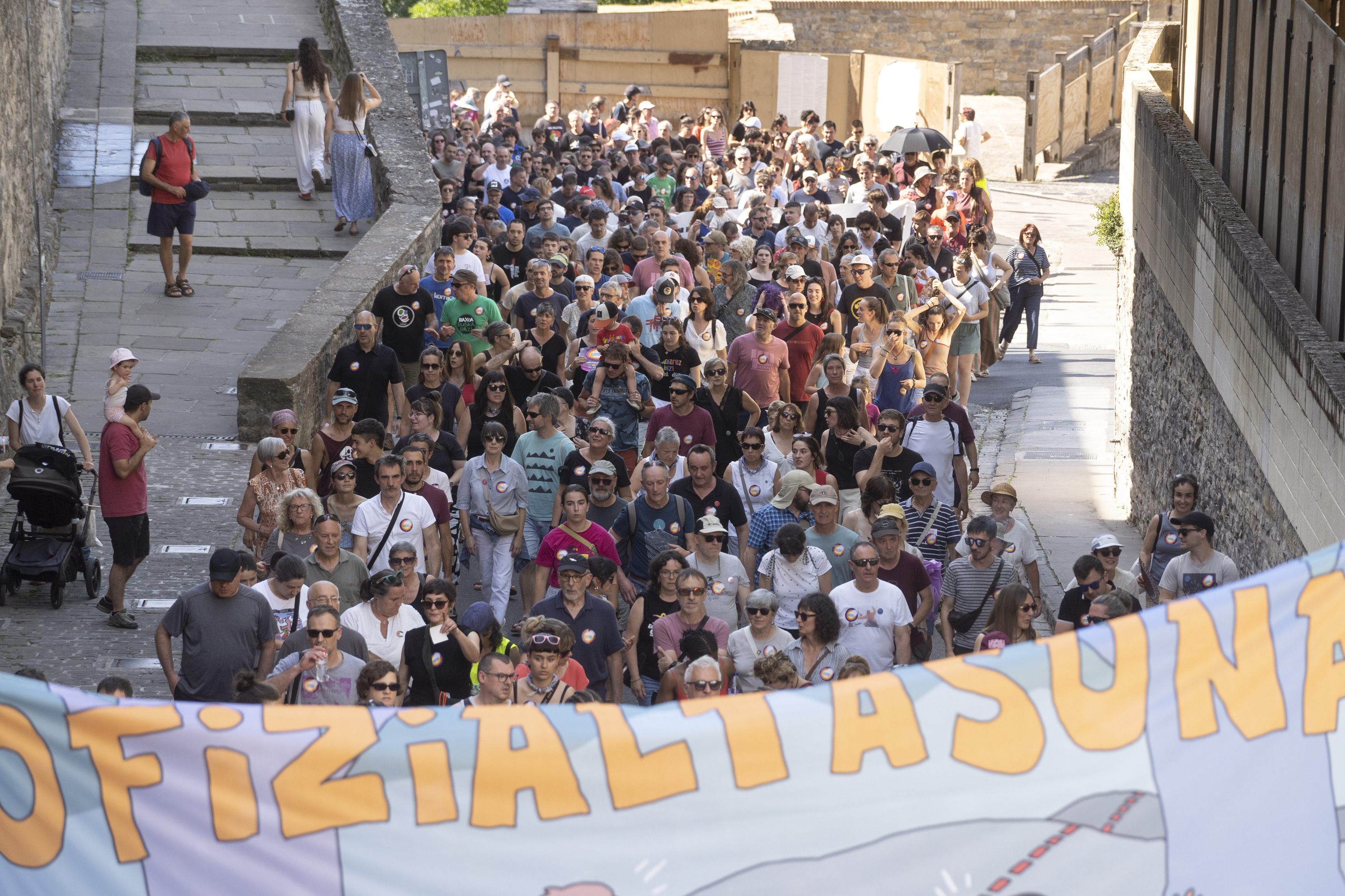 Ofizialtasunaren aldeko zutabea, San Domingo kalean gora. IÑIGO URIZ / FOKU