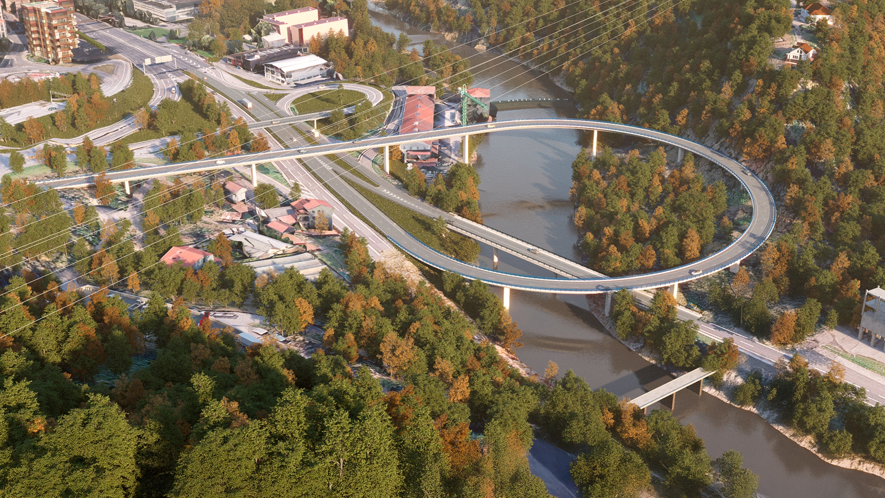 Oria ibaiaren eta N-1 errepidearen gainetik igaroko den begizta itxurako errepide baten irudia. GIPUZKOAKO FORU ALDUNDIA 