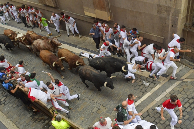 Bi zezen beltz eta bi gaztain taldearen buru San Domingo aldaparen amaiera aldera. IDOIA ZABALETA / FOKU Bi zezen beltz eta bi gaztain taldearen buru San Domingo aldaparen amaiera aldera. IDOIA ZABALETA / FOKU