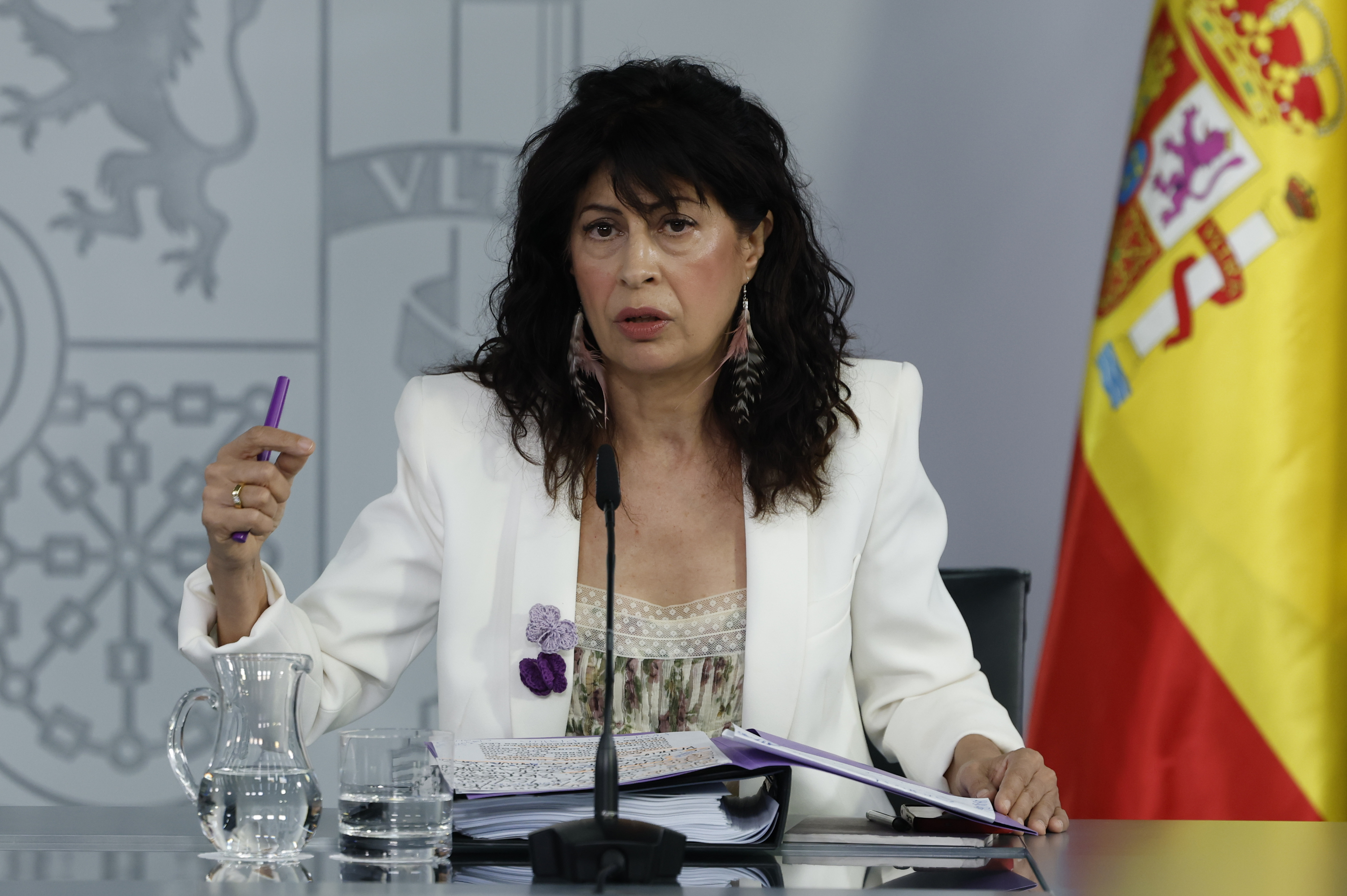 Ana Redondo Espainiako Berdintasun ministroa, gaur, hedabideen aurrean azalpenak ematen. J.J. GUILLEN / EFE