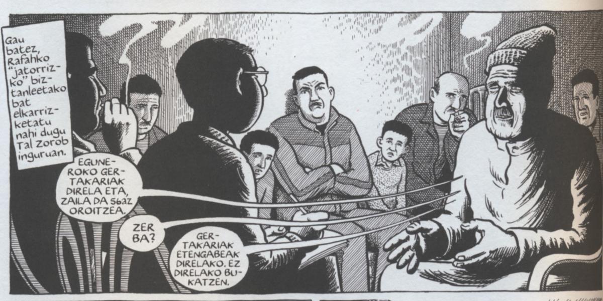 Joe Saccoren 'Gazako oin-oharrak' komikiko irudi bat. ASTIBERRI