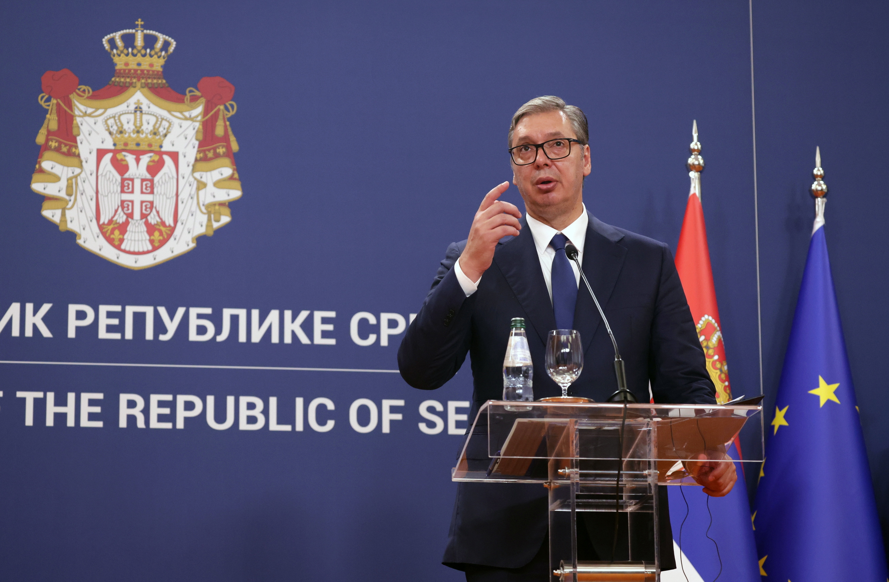  Aleksandar Vucic Serbiako presidentea, agerraldi batean Belgraden, abuztuaren 8an. ANDREJ CUKIC / EFE