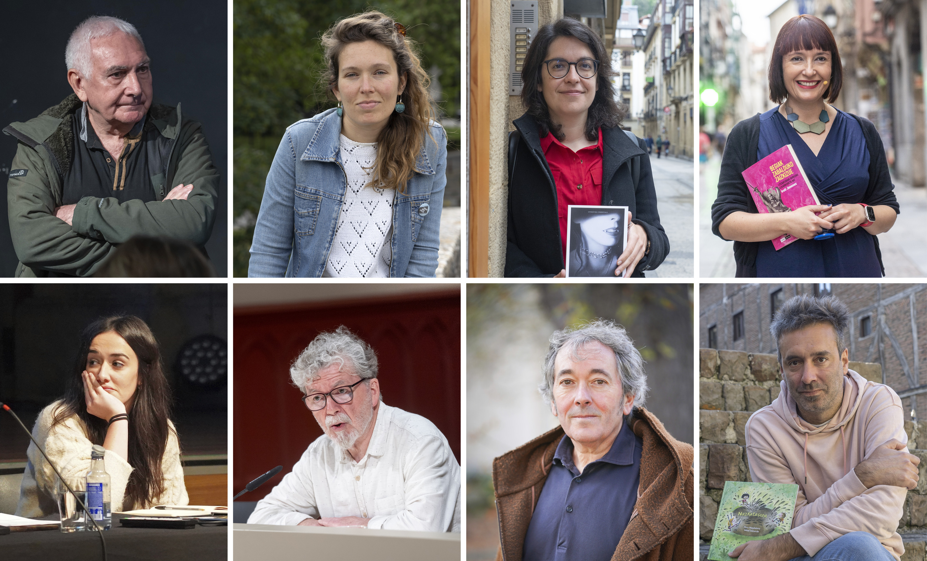Joseba Sarrionandia, Garazi Arrula, Maialen Berasategi, Irati Jimenez, Ane Zuazubiskar, Koldo Izagirre, Patxi Zubizarreta eta Peru Magdalena idazleak. ANDONI CANELLADA / JAGOBA MANTEROLA/ MARISOL RAMIREZ/ GOTZON ARANBURU/ IÑIGO URIZ/ ENDIKA PORTILLO / FOKU