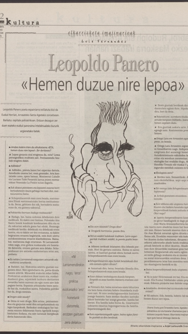 Leopoldo Maria Panerori 'elkarrizketa imajinarioa' Euskaldunon Egunkarian Leopoldo Maria Panerori 'elkarrizketa imajinarioa' Euskaldunon Egunkarian