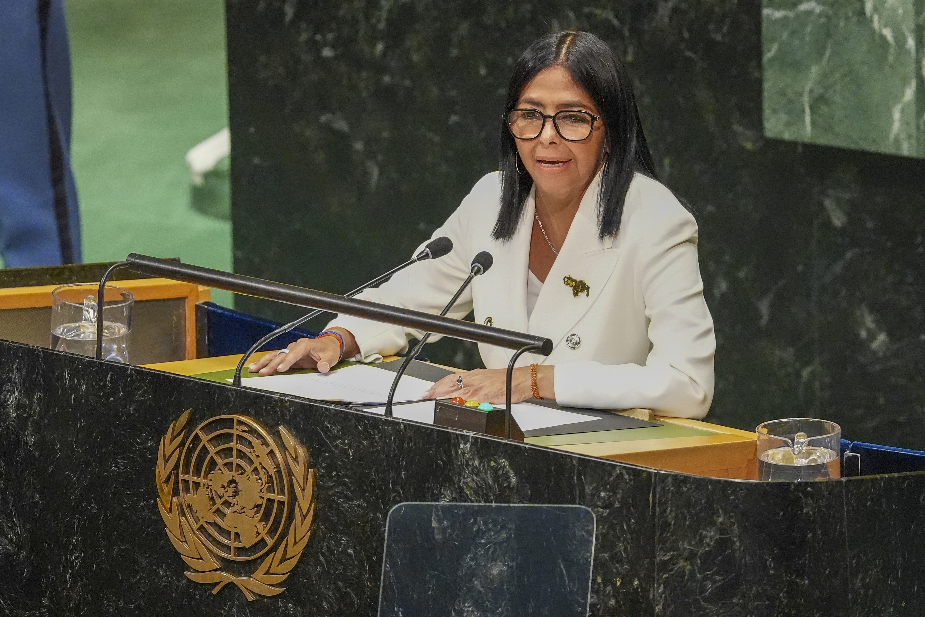 Delcy Rodriguez NBEren Batzar Nagusiaren urteroko bilkuran, gaur goizaldean. ANGEL COLMENARES / EFE