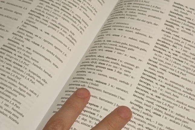 Ikasle bat, latina-euskara hiztegia kontsultatzen. ARETX AMORRORTU
