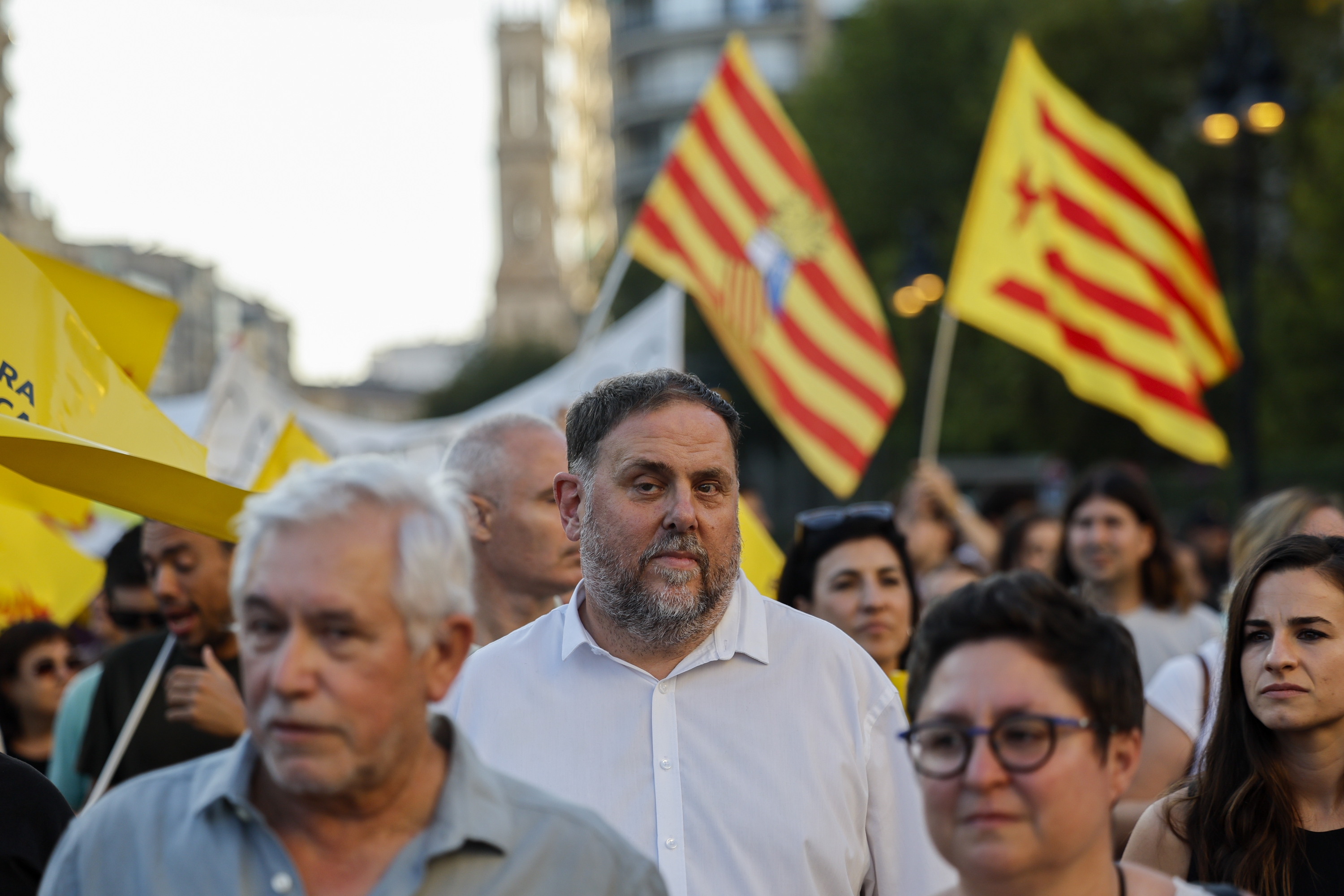 Oriol Junqueras Kataluniako Generalitateko presidenteorde ohia 2023an, manifestazio batean, Valentzian. BIEL ALIÑO / EFE