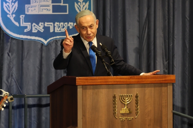 Benjamin Netanyahu Jerusalemen, urriaren 14an, agerraldi batean. ABIR SULTAN / EFE