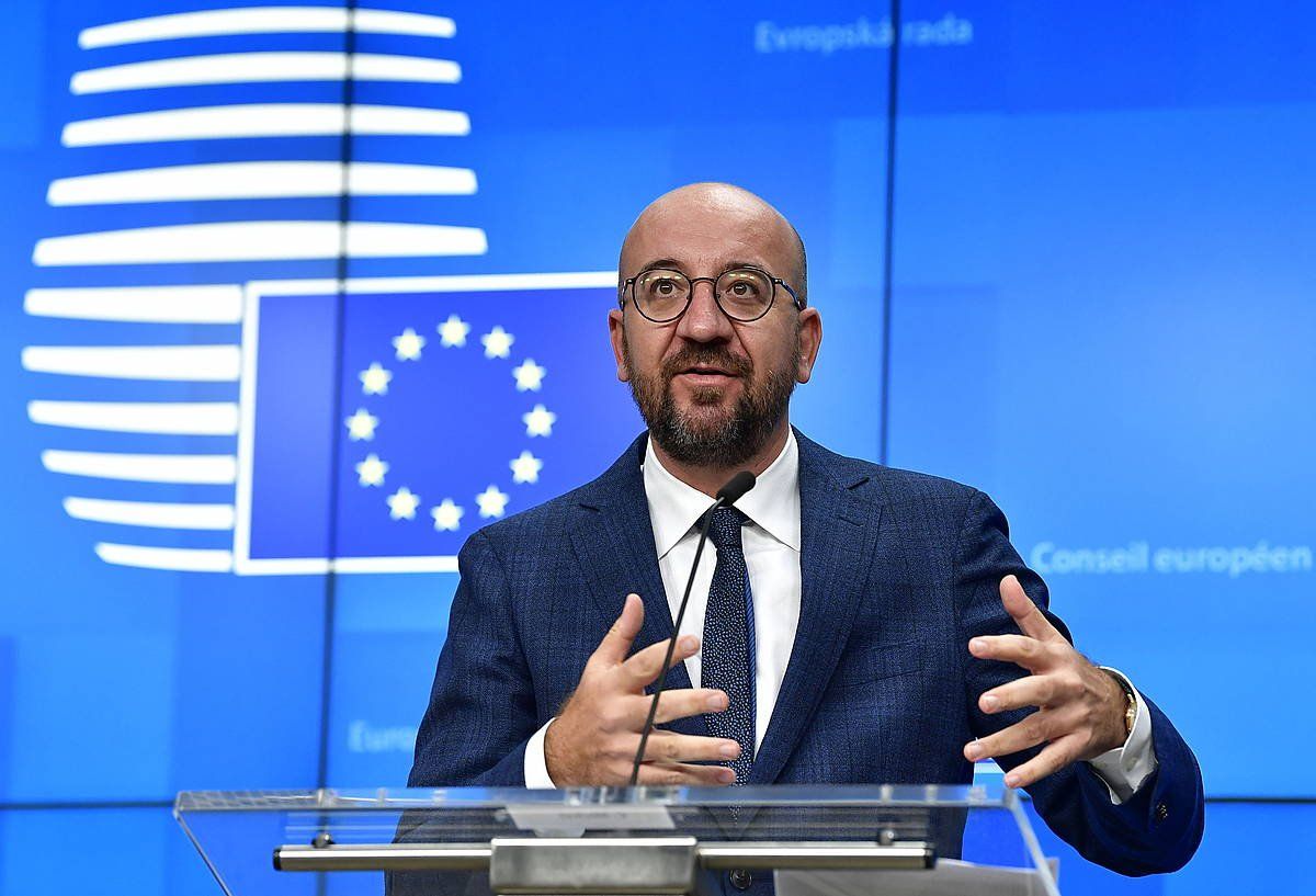 Charles Michel Europako Kontseiluko presidentea, hedabideen aurreko agerraldi batean, urriaren 2an. JOHN THYS, EFE