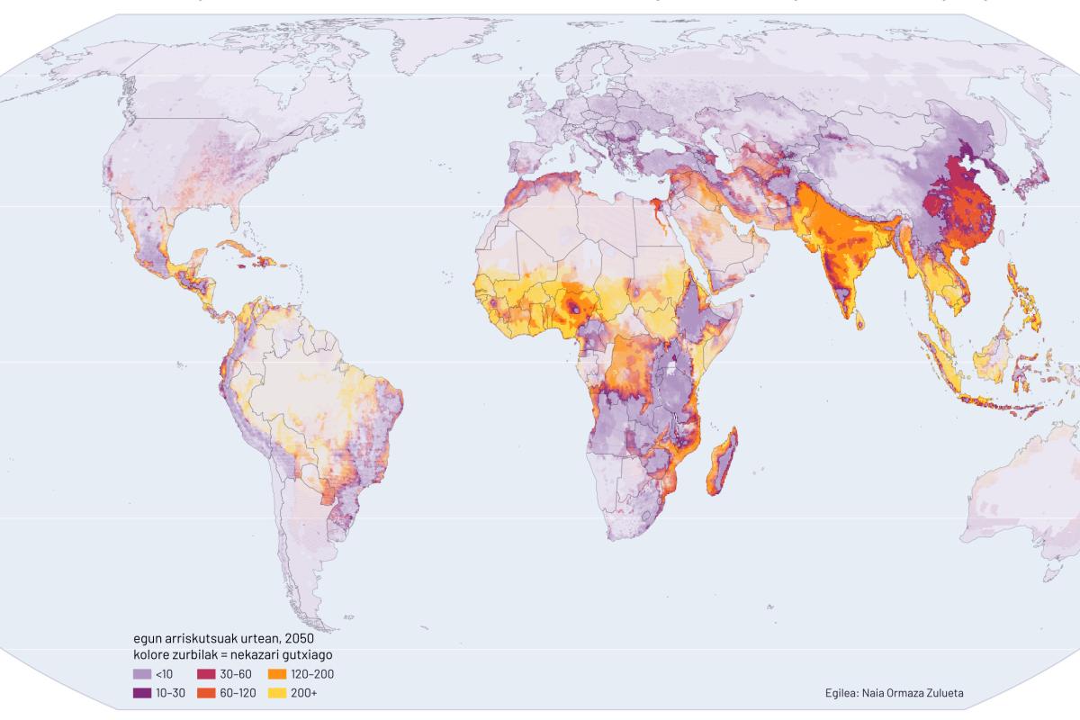 Munduko mapa bat, 2050ean estres termikoko egun arriskutsuak islatzen dituena. NAIA ORMAZA