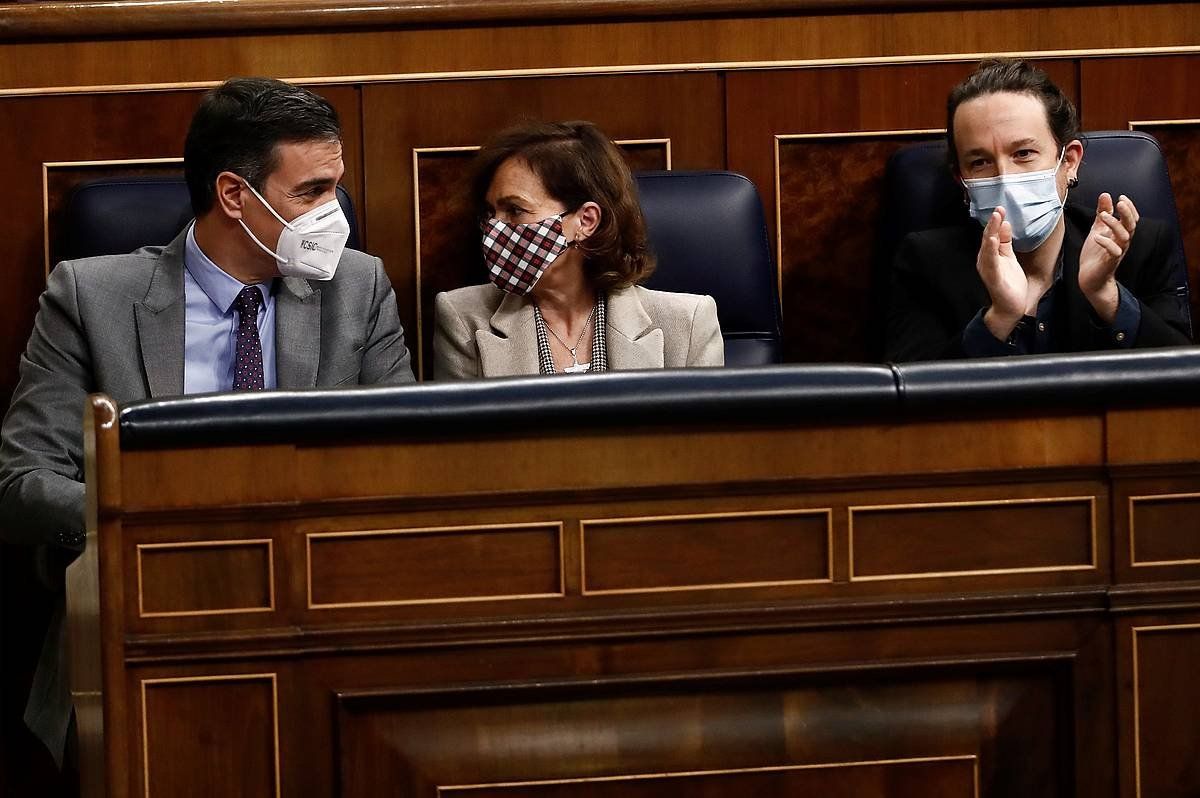 Sanchez, Calvo eta Iglesias, gaur, Espainiako Kongresuan. MARISCAL / EFE