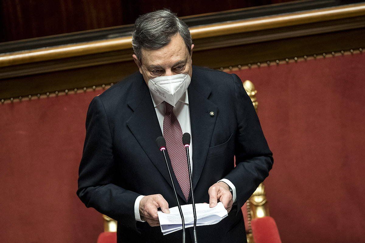 Mario Draghi Italiako lehen ministro hautatua, gaur, Italiako Senatuan. ROBERTO MODO / EFE